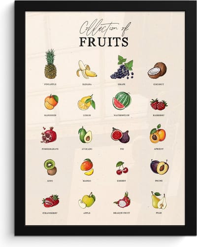 Fotolijst inclusief poster - Posterlijst 30x40 cm - Posters - Fruit soorten - Kleurrijk - Eten - Vintage - Foto in lijst - Keuken decoratie muur - Wanddecoratie accessoires - Muurdecoratie - Schilderijen