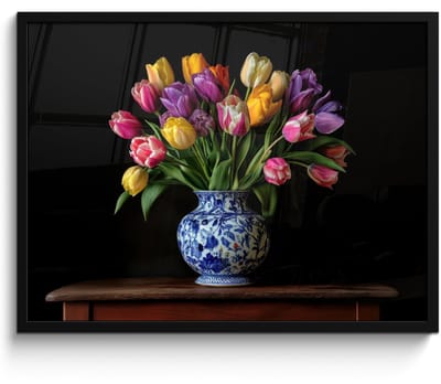 Poster in lijst - Fotolijst 70x50 cm - Posters - Tulpen - Kleuren - Hout - Vaas - Posterlijst zwart - Decoratie - Wanddecoratie woonkamer - Muurdecoratie slaapkamer