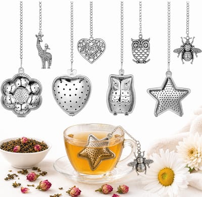 Set van 4 Stuks RVS Theefilters - Bloem, Aardbei, Uil & Ster - Theezeef voor Losse Thee en Kruiden - Tea Infuser\Strainer Giftset - Verse Thee filter\Zeef Cadeau Pakket - Kruidenbuiltje ei met Onderzetters - Geschenkset