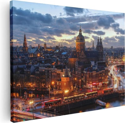 Artaza Canvas Schilderij Skyline Amsterdam - 40x30 cm - Klein - Wanddecoratie Grachten - Muurdecoratie Woonkamer - Kamer Accessoires