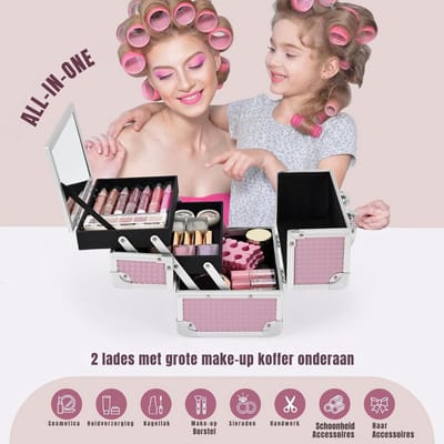 YOR® Cosmetica Koffer met Spiegel - Make-up Koffer met Verstelbare Vakken – Visagie Koffer – Cosmetica Organizer – Kapperskoffer -Pedicure Koffer – Mobiele Koffer voor Kappers -Roze - 20cm x 15cm x 16cm; 1.14kg