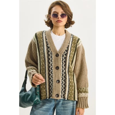 Etnische Print V-Hals Lange Mouw Knopen Cardigan