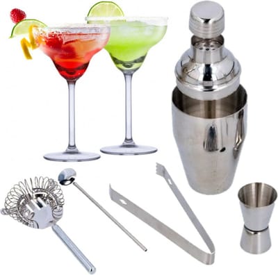 Set van 4x Margarita cocktailglazen met luxe 5-delige cocktailshaker set RVS - 250 ml - Cocktails drinken - Cocktails