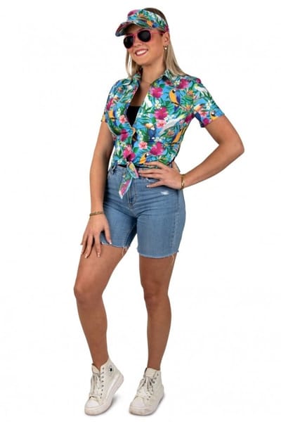 Hawaii Blouse Met Zonneklep Papegaaien Blauw - Maat 40/42