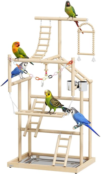 NordHaus Vogelstandaard Hout - Vogel Speelstandaard - Vogelren - 4 Niveaus Speelplek met Accessoires - 48x38x95 cm Naturel Hout