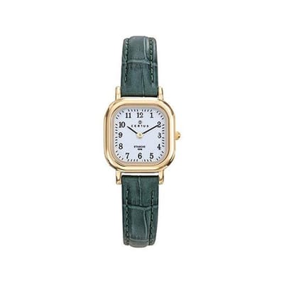 Certus-Dameshorloge-model 646604-goudkleurig-vierkant-groen lederen band-5 atm waterdicht-duidelijke wijzerplaat-hoog draagcomfort-23 x 23 mm