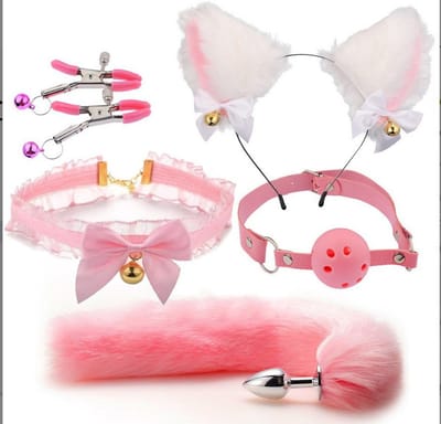 Oneay BDSM Speelgoedset – Anaalplug met Vossenstaart, Halsband, Tepelklemmen & Kattenoortjes & Gags– Rollenspel Set voor Beginners (Vrouwen) - Roze