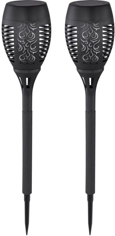Solarlamp vuureffect plug-in lamp solar zwart buitenlamp solar grondspies, decoratieve geponste gaten, LED warm wit, DxH 9,5x49,5 cm, set van 2