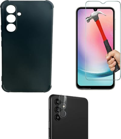 Anti -Shock Silicone hoesje zwart met Screenprotector Glas 1x en Camera lens protector 1x Geschikt voor: Samsung Galaxy A15