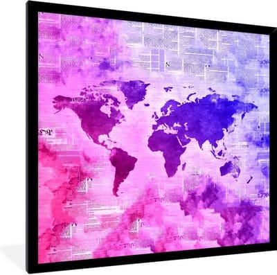 Poster in lijst - Fotolijst 40x40 cm - Posters - Wereldkaart - Kranten - Kleuren - Posterlijst zwart - Decoratie - Wanddecoratie woonkamer - Muurdecoratie slaapkamer