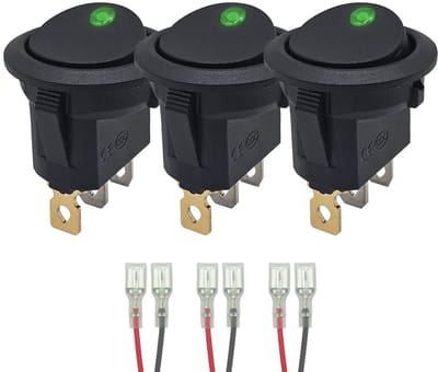 ProRide Wipschakelaar ON-OFF KCD2-12 - met Aansluitkabels - 3 pins - Rond - 12V/20A - LED indicator Groen - 3 stuks