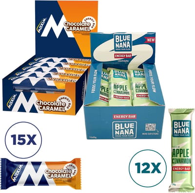 Combipack Maxim Pro Energy Bar - Chocolate Caramel - 15 x 56g + Blue Nana Energy Bar - Apple Cinnamon - 12 x 55g - Energierepen - Sportvoeding