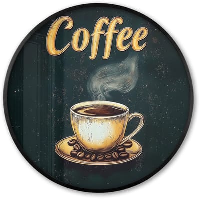 Poster in lijst Rond - Fotolijst 60x60 cm - Posters - Koffie - Schotel - Koffiebonen - Retro - Ronde posterlijst zwart - Decoratie - Wanddecoratie woonkamer - Muurdecoratie slaapkamer