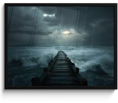 Poster in lijst - Fotolijst 80x60 cm - Posters - Steiger - Storm - Golven - Posterlijst zwart - Decoratie - Wanddecoratie woonkamer - Muurdecoratie slaapkamer