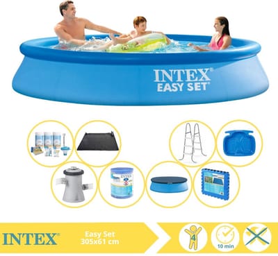 Intex Rond Opblaasbaar Easy Set Zwembad - 305 x 61 cm - Blauw - Inclusief Afdekzeil - Onderhoudspakket - Zwembadfilterpomp - Filter - Solar Mat - Ladder - Voetenbad - Vloertegels - 9-delig