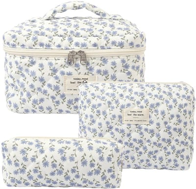 Set van 3 Make-up Tasjes Gewatteerd Bloemen Katoen – Grote Capaciteit Esthetische Cosmetische Tas & Toilettas voor Vrouwen – Reistas Organizer met Ritssluiting -Blauwe pauw, Groot [25*16*16]