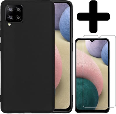 Hoesje - Met Screenprotector - Geschikt voor Samsung Galaxy A12 - Sterk & Shockproof - Telefoon Hoes - Back Cover - Siliconen Case - Telefoonhoes - Zwart