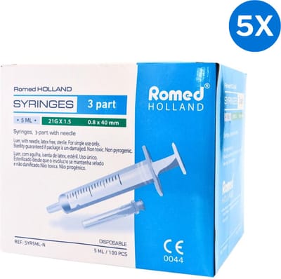 5x Romed 5ml injectiespuiten met naald 100 stuks Romed - Doorzichtig/wit - Polypropyleen & Latex-vrij rubber - Tweedelige 5ml wegwerpspuit met canule, steriel per stuk verpakt. - 5 ml
