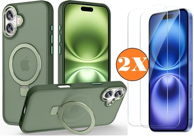Hoesje Geschikt voor iPhone 16 Plus MagSafe Hoesje met Ring Stand Groen - Hoesje MagSafe iPhone 16 Plus Screenprotector Gehard Glas 2X