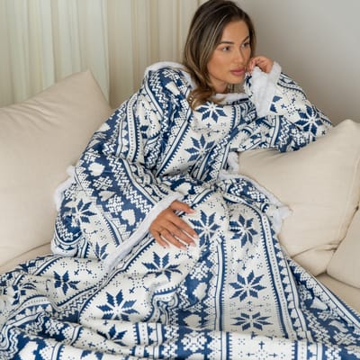 Fleece Deken met Mouwen - Plaid met Mouwen - Hoodie Deken - Hoodie Blanket - Huggle Hoodie - Snuggle Hoodie - Dekens - TV Deken - Wit met Blauw - Dames en Heren - Volwassenen - 180x130 cm - Noodpakket - Kerstcadeau - Snuggie Moment