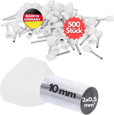 500 stuks Kalitec AET0510WS dubbele adereindhulzen geïsoleerd 2x0,5mm² 10mm lang wit I Made in Germany I Industriële kwaliteit