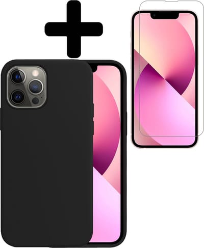 Hoesje - Met Screenprotector - Geschikt voor Apple iPhone 14 Pro - Sterk & Shockproof - Back Cover - Siliconen Case - Telefoon Hoes - Telefoonhoesjes - Zwart