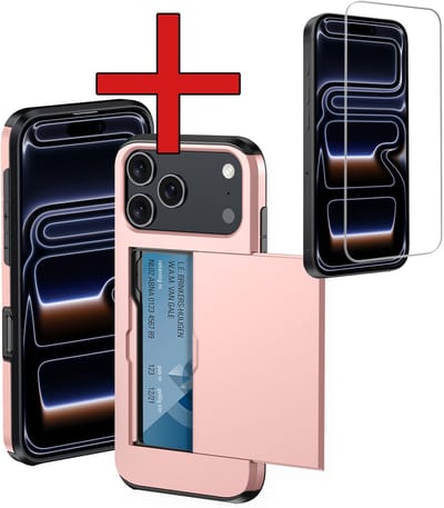 Hoesje Geschikt voor iPhone 17 Pro / 18 Pro Hoesje Met Pasjeshouder Hard Case Met Kaarthouder Met Screenprotector - Hoes Geschikt voor iPhone 17 Pro / 18 Pro Hoesje Pashouder Case - Rosé goud
