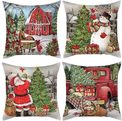 Kerst Kussenhoezen Set van 4, Linnen Kussenhoezen voor Kerstdecoratie in Huis, Tuin en Slaapkamer (45 x 45 cm)