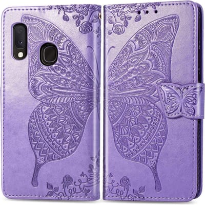 Geschikt voor Samsung Galaxy A40 Bookcase - Paars - Vlinders - Portemonnee Hoesje