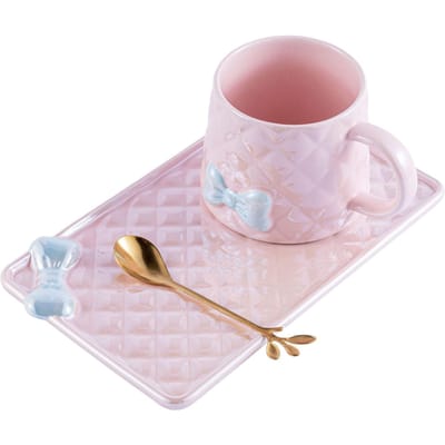 Lichte Luxe Strik Reliëf Koffiekop Hoge Uitstraling Mok Meisjeshart Kop Afternoon Tea Kop Schotel Set 350m'l white