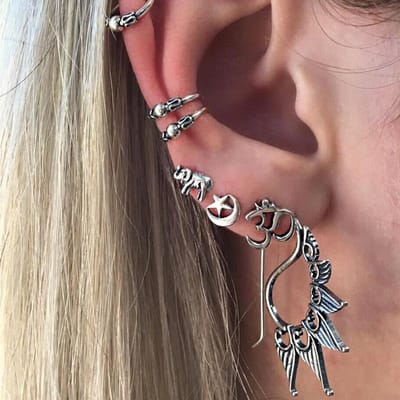 7 Stuks/Set Dames Boheemse Oor Cuff Clip Stud Oorbellen Set Dames Piercing Sieraden Antiek Zilverkleur Maan Ster Olifant Oorbel brown