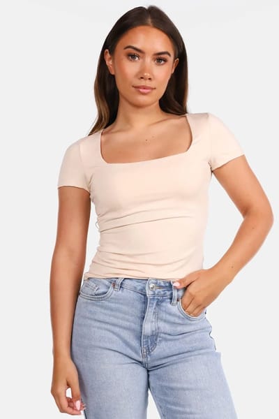 Getdrezzed Top - Maat: XS - T-shirt vierkante hals travel beige