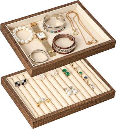 Sieraden Tray Set - Houten Organizer - Sieraden Opbergen - Zachte Flanel Voering - 25 x 18 cm - Donker Hout