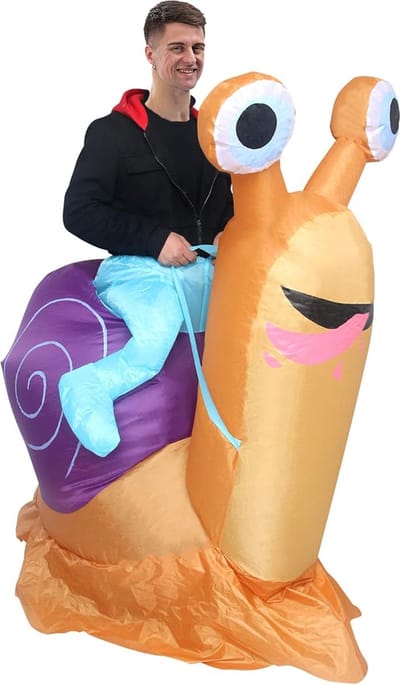 KIMU® Opblaas Kostuum Zittend Op Slak - Opblaasbaar Pak - Slakkenpak Mascotte Opblaaspak - Opblaasbare Weekdier Dames Heren Festival