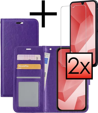 Hoesje - Met 2x Screenprotector - Geschikt voor Samsung Galaxy A16 - Luxe Pasjeshouder - Bookcase Portemonee - Flip Case - Kunstleer Book Case - Flipcase Hoes - Book Cover - Walletcase - Portemonneehoes - Paars