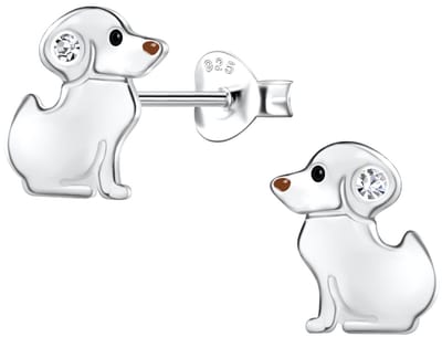 Joy|S - Zilveren hond oorbellen - zilver met bruin neusje - 7 x 9 mm - kristal - sterling zilver 925