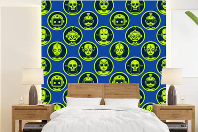 Behang - Fotobehang Patronen - Robot - Geel - Blauw - Jongens - Kinderen - Kids - Jongetje - Breedte 220 cm x hoogte 240 cm