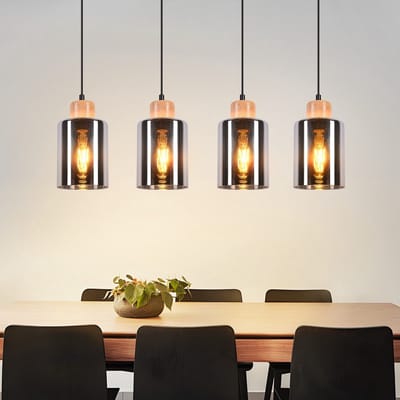 NETTLIFE Hanglamp Hout - 4xE27 - Rookgrijs - Glas - Eettafellamp hangend - Vintage Keukenlamp - in hoogte verstelbaar 120cm - voor keuken Eetkamer - Zonder lamp
