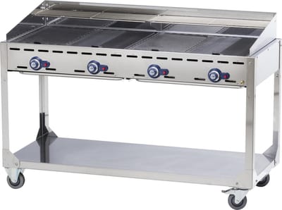 HENDI Verrijdbare barbecue met 4 branders – lichtgrijs – 22kW – 1400x612x x(H)825mm – inclusief bakplaten en grillroosters