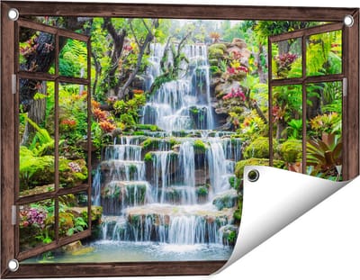 Gards Tuinposter Doorkijk Tropische Waterval in Thailand - 60x40 cm - Tuindoek - Tuindecoratie - Wanddecoratie buiten - Tuinschilderij