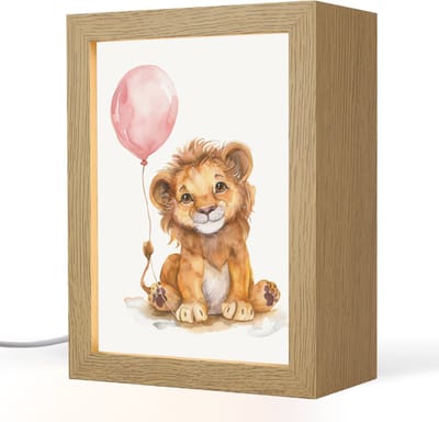 Nachtlampje 15x20 cm - Kinder lampje - Leeuw - Baby dier - Dieren - Roze ballon - Tafellamp kinderkamer - Slaapkamer lamp - Bedlamp kinderen - Kinderlampje stopcontact - Wandlamp babykamer - Nachtlampjes