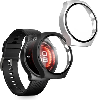 kwmobile 2x cover geschikt voor Huawei Watch 5 42mm - Fitnesstracker cover van gehard glas en kunststof frame set zwart / zilver