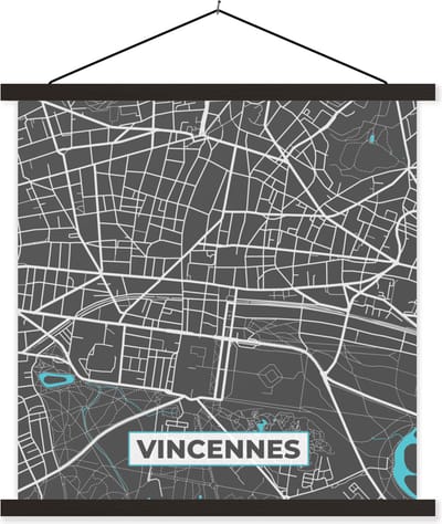 Posterhanger incl. Poster 60x60 cm - Schoolplaat - Vincennes - Stadskaart - Plattegrond - Frankrijk - Kaart - Textielposter - Zwarte latten - Stadskaart