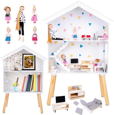 Houten Poppenhuis - Poppenhuis Meisjes - Rollenspel - Inclusief 22 Accessoires - 100 cm Hoog - Wit