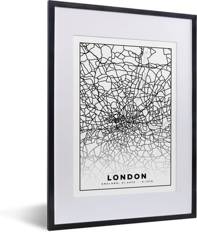 Fotolijst incl. Poster Zwart Wit- Londen - Zwart Wit - Stadskaart - Plattegrond - Kaart - 30x40 cm - Posterlijst