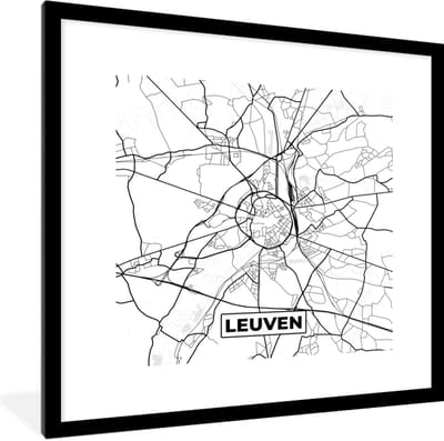 Fotolijst incl. Poster Zwart Wit- Kaart – Plattegrond – Stadskaart – Leuven – België – Zwart Wit - 40x40 cm - Posterlijst