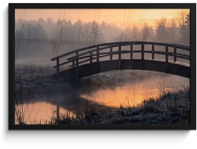 Poster in lijst - Fotolijst 60x40 cm - Posters - Brug - Mist - Bomen - Water - Posterlijst zwart - Decoratie - Wanddecoratie woonkamer - Muurdecoratie slaapkamer
