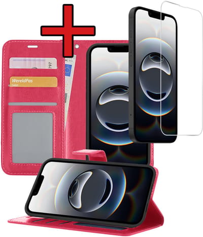Hoesje - Met Screenprotector - Geschikt voor Apple iPhone 16e / 17e - Luxe Pasjeshouder - Flipcase - Bookcase Portemonee - Flip Case - Kunstleer Book Case - Book Cover - Walletcase - Portemonneehoes - Telefoonhoes - Donkerroze