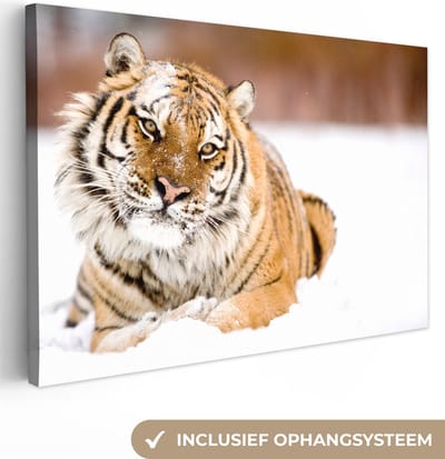 Canvas Schilderij Tijger - Sneeuw - Wit - 90x60 cm - Wanddecoratie