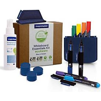 Magnetoplan Whiteboard Essentials-set, blauw, met PRO+-markeerstiften, wisser, reinigingsmiddel, dienblad en magneten